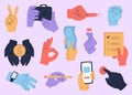 Set of colorful human hands with a different objects, clock, phone, pen, coin, banknote, camera and icons of various gestures